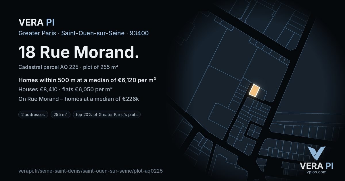 18 Rue Morand, Saint-Ouen-sur-Seine at night – the plot lit, the parcels around coloured by the prices near them