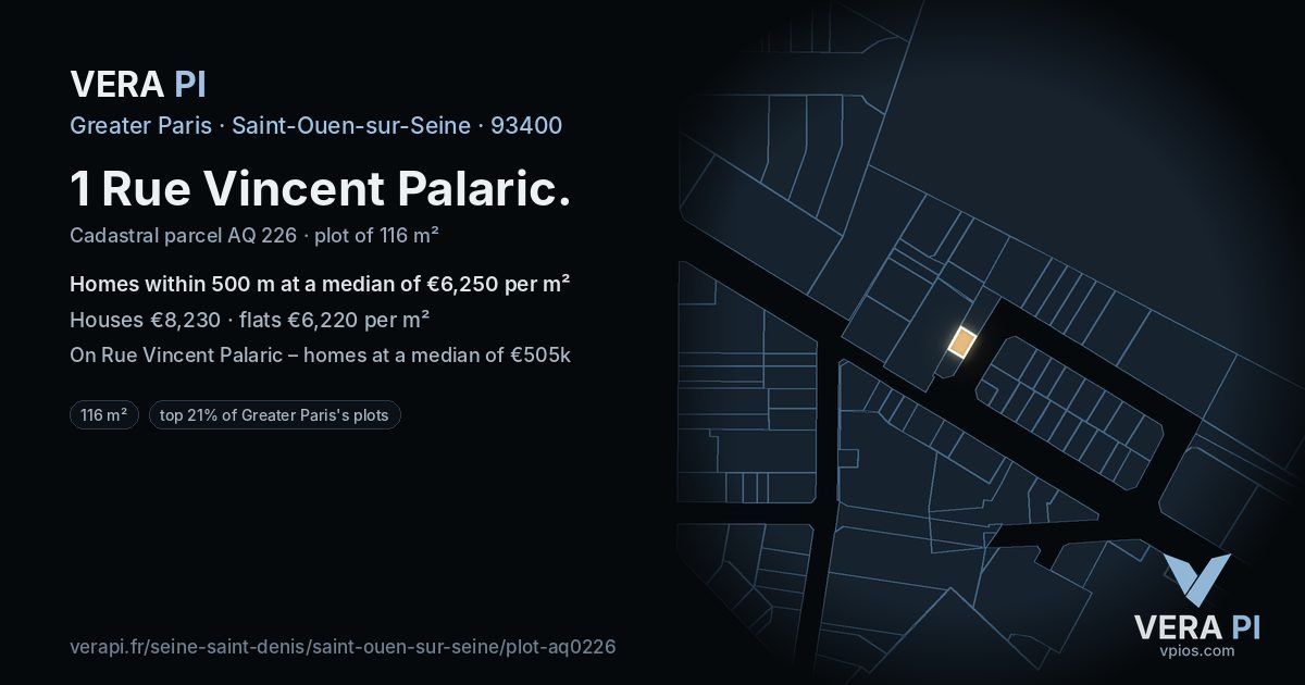 1 Rue Vincent Palaric, Saint-Ouen-sur-Seine at night – the plot lit, the parcels around coloured by the prices near them
