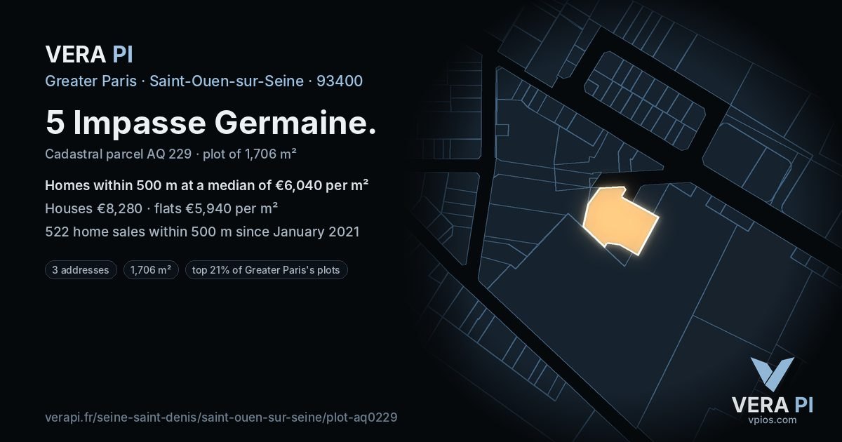 5 Impasse Germaine, Saint-Ouen-sur-Seine at night – the plot lit, the parcels around coloured by the prices near them