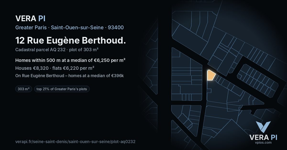 12 Rue Eugène Berthoud, Saint-Ouen-sur-Seine at night – the plot lit, the parcels around coloured by the prices near them