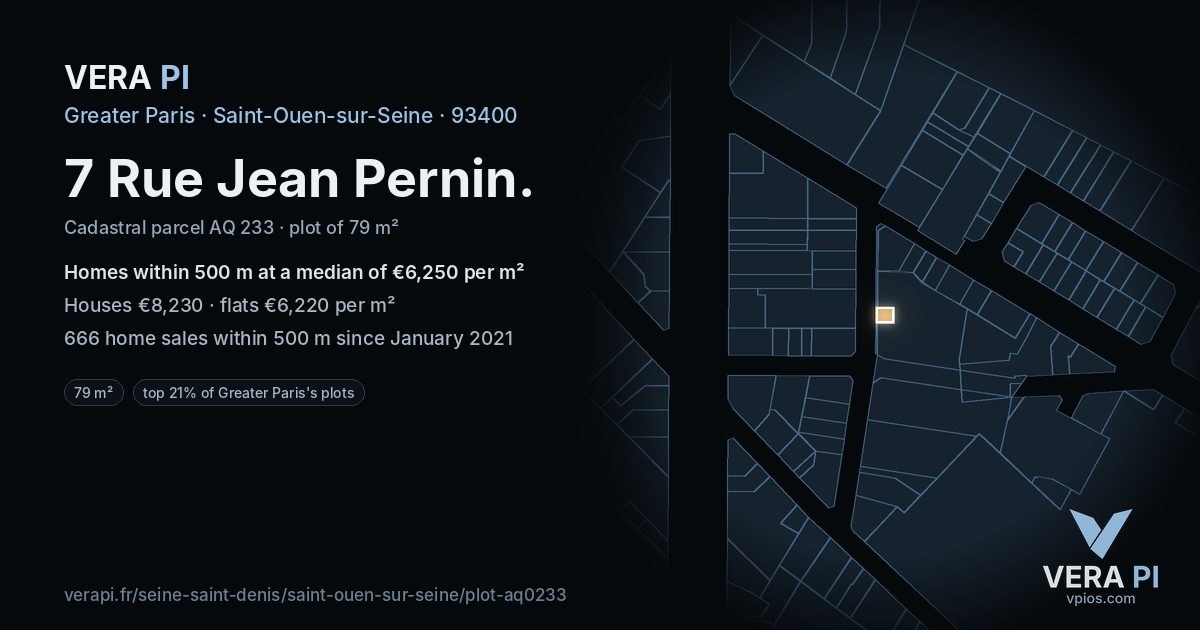 7 Rue Jean Pernin, Saint-Ouen-sur-Seine at night – the plot lit, the parcels around coloured by the prices near them