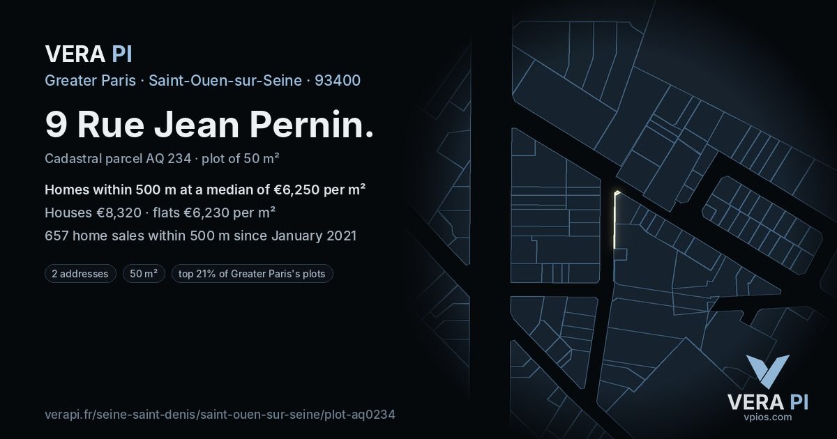 9 Rue Jean Pernin, Saint-Ouen-sur-Seine at night – the plot lit, the parcels around coloured by the prices near them