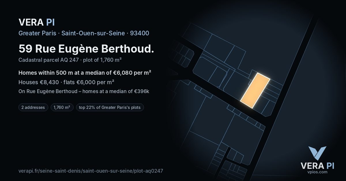 59 Rue Eugène Berthoud, Saint-Ouen-sur-Seine at night – the plot lit, the parcels around coloured by the prices near them