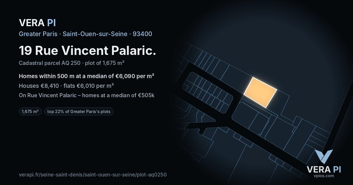 19 Rue Vincent Palaric, Saint-Ouen-sur-Seine at night – the plot lit, the parcels around coloured by the prices near them