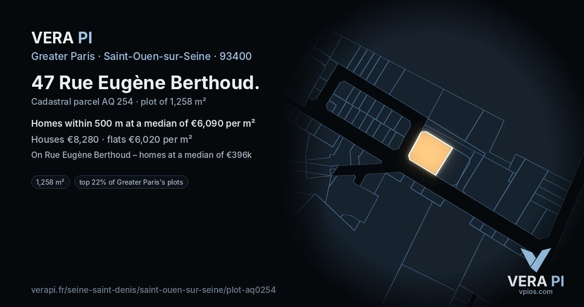 47 Rue Eugène Berthoud, Saint-Ouen-sur-Seine at night – the plot lit, the parcels around coloured by the prices near them