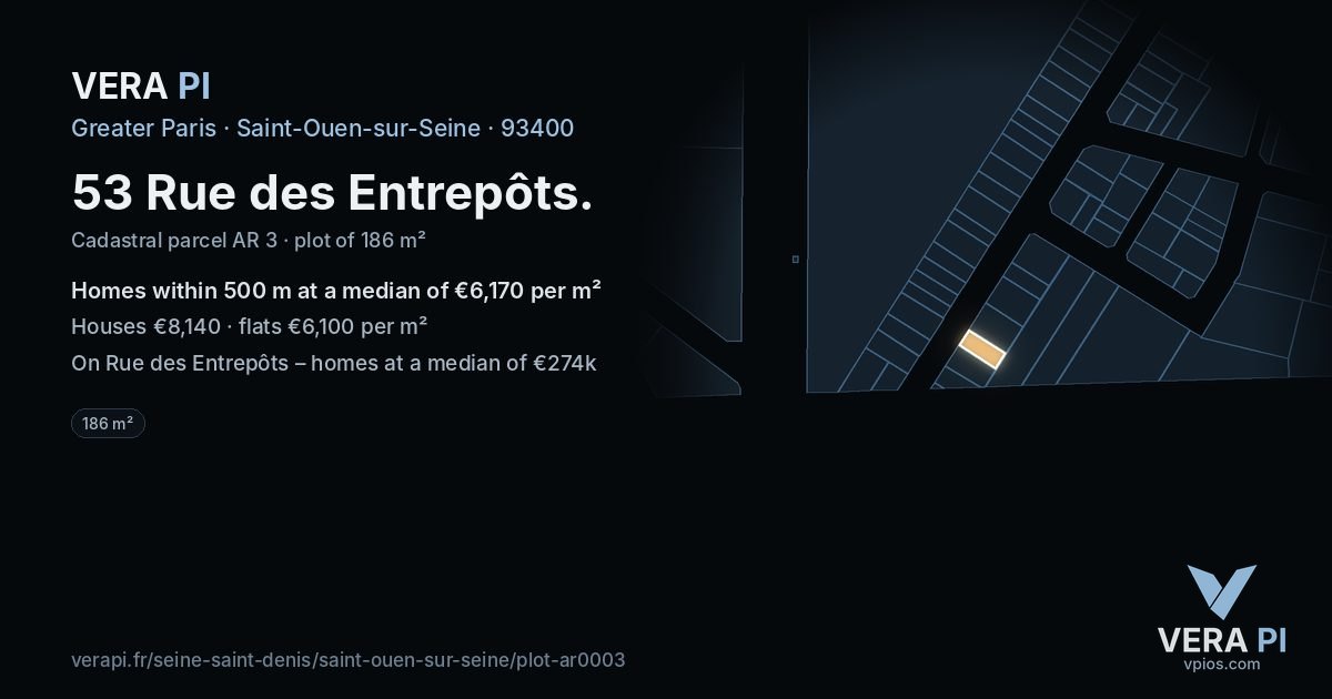 53 Rue des Entrepôts, Saint-Ouen-sur-Seine at night – the plot lit, the parcels around coloured by the prices near them