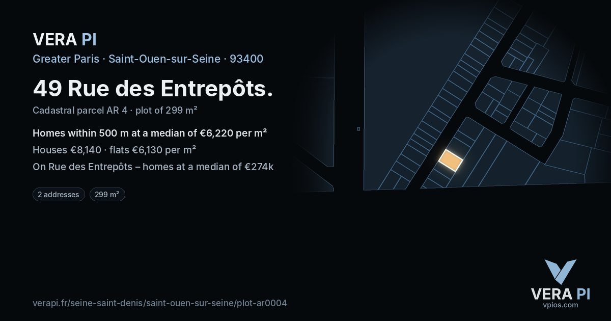 49 Rue des Entrepôts, Saint-Ouen-sur-Seine at night – the plot lit, the parcels around coloured by the prices near them