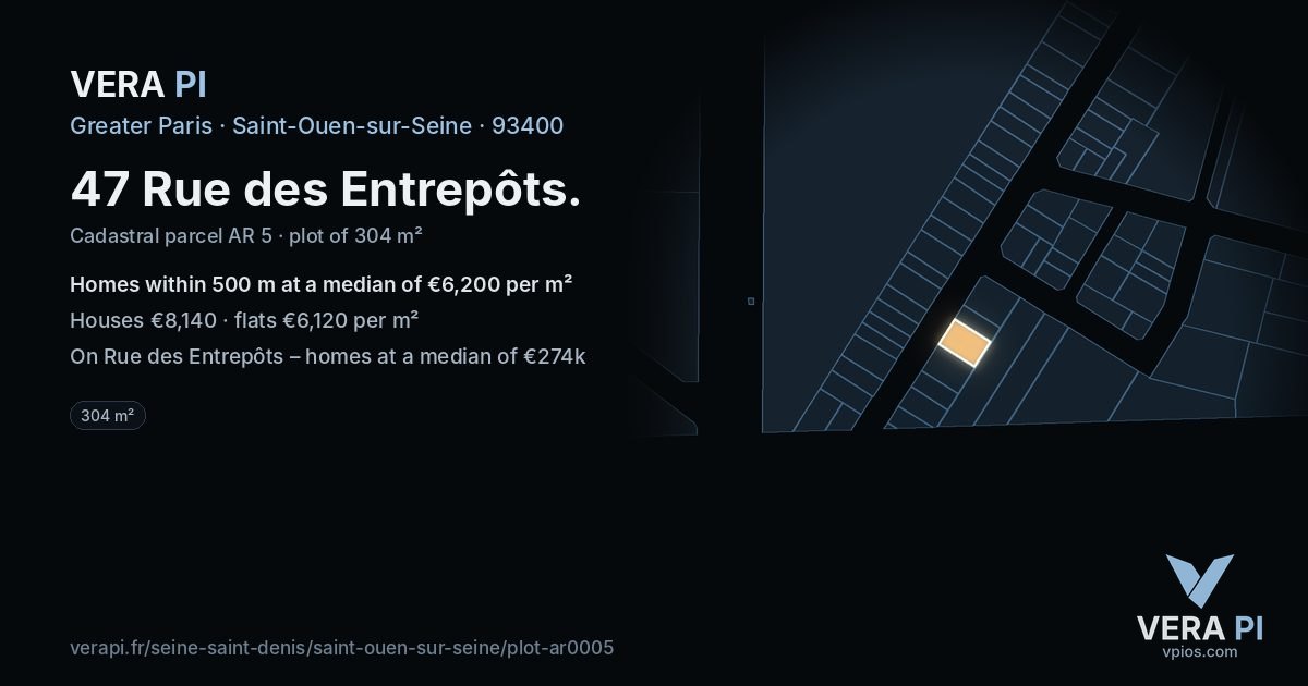 47 Rue des Entrepôts, Saint-Ouen-sur-Seine at night – the plot lit, the parcels around coloured by the prices near them
