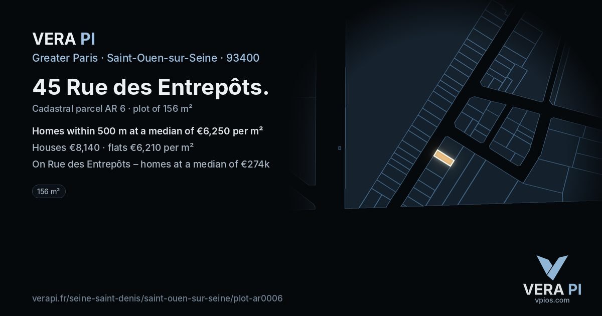 45 Rue des Entrepôts, Saint-Ouen-sur-Seine at night – the plot lit, the parcels around coloured by the prices near them