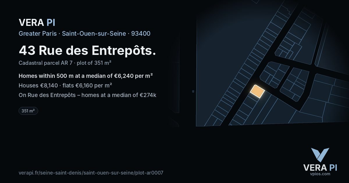 43 Rue des Entrepôts, Saint-Ouen-sur-Seine at night – the plot lit, the parcels around coloured by the prices near them