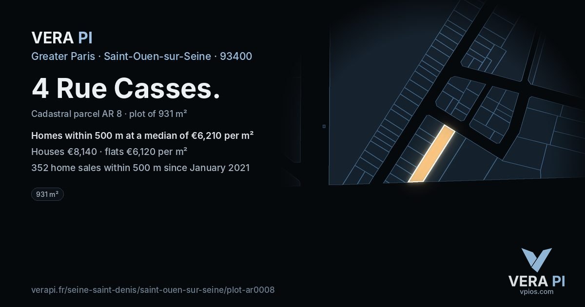 4 Rue Casses, Saint-Ouen-sur-Seine at night – the plot lit, the parcels around coloured by the prices near them
