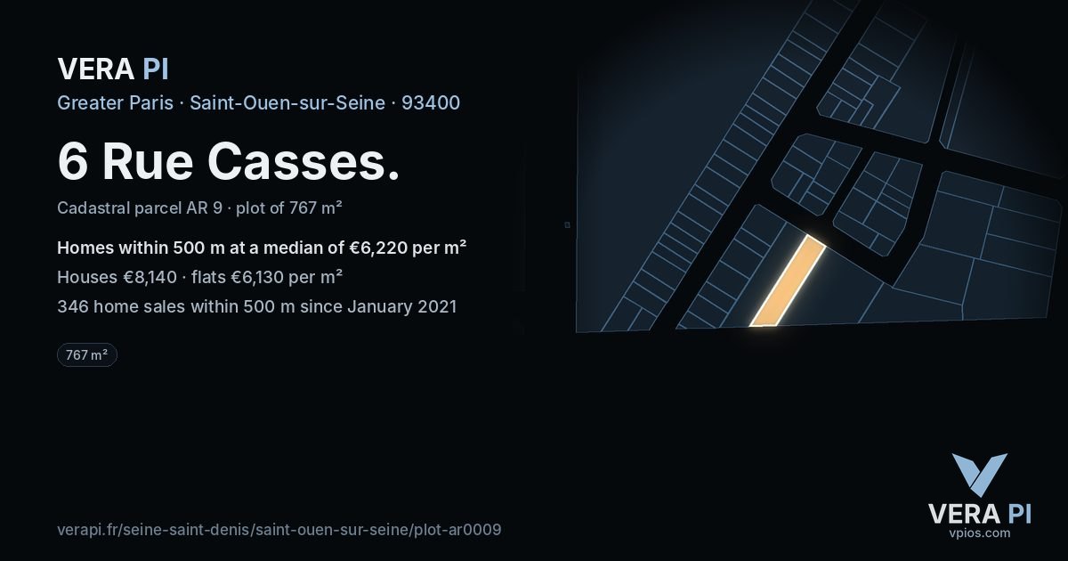 6 Rue Casses, Saint-Ouen-sur-Seine at night – the plot lit, the parcels around coloured by the prices near them