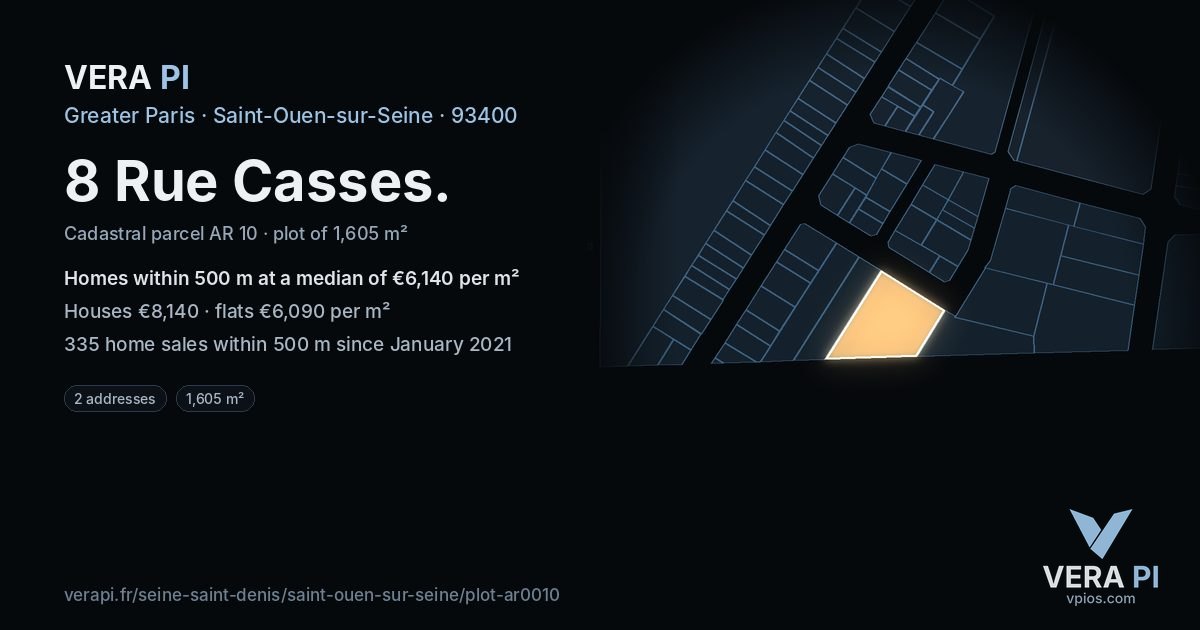 8 Rue Casses, Saint-Ouen-sur-Seine at night – the plot lit, the parcels around coloured by the prices near them