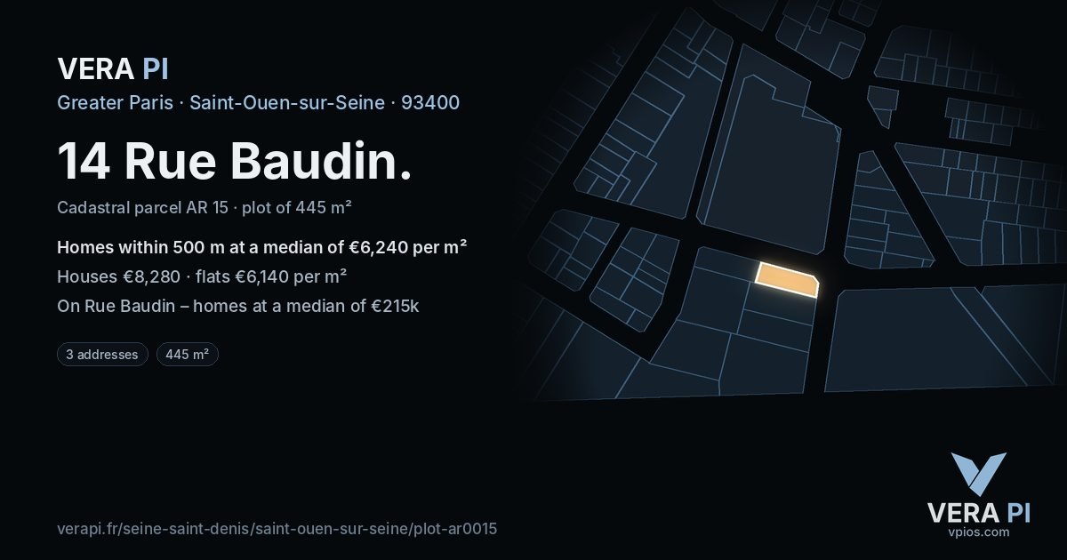 14 Rue Baudin, Saint-Ouen-sur-Seine at night – the plot lit, the parcels around coloured by the prices near them