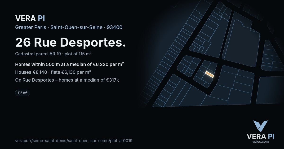 26 Rue Desportes, Saint-Ouen-sur-Seine at night – the plot lit, the parcels around coloured by the prices near them