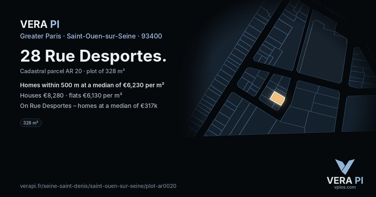 28 Rue Desportes, Saint-Ouen-sur-Seine at night – the plot lit, the parcels around coloured by the prices near them
