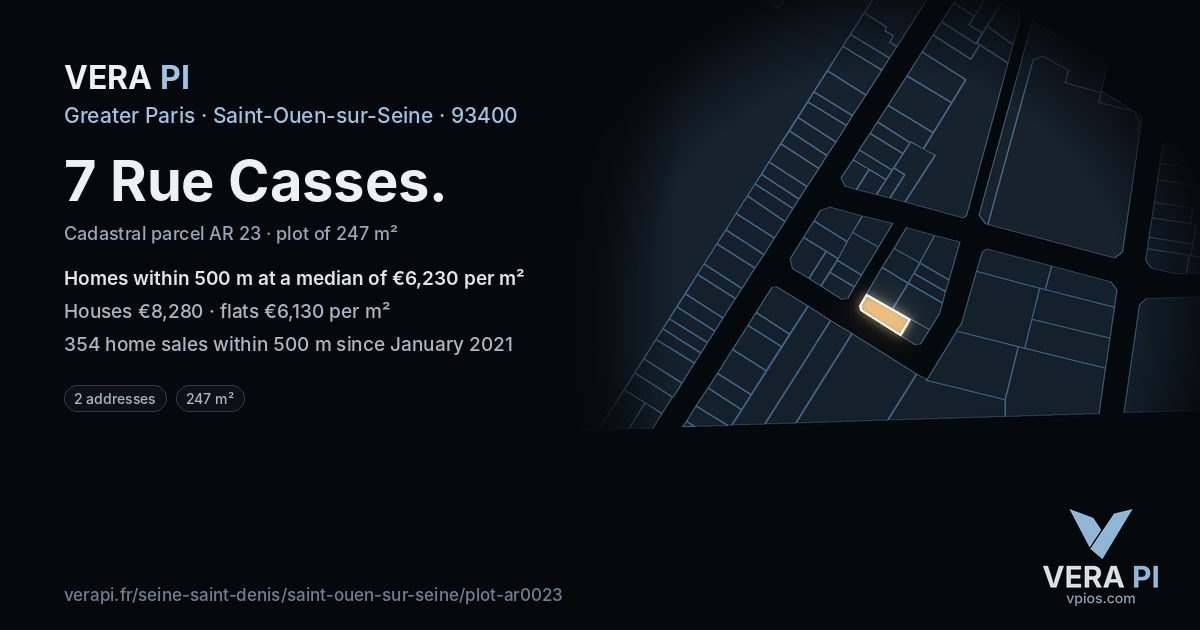 7 Rue Casses, Saint-Ouen-sur-Seine at night – the plot lit, the parcels around coloured by the prices near them