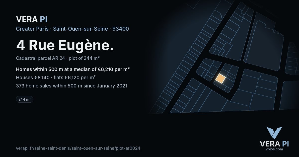 4 Rue Eugène, Saint-Ouen-sur-Seine at night – the plot lit, the parcels around coloured by the prices near them
