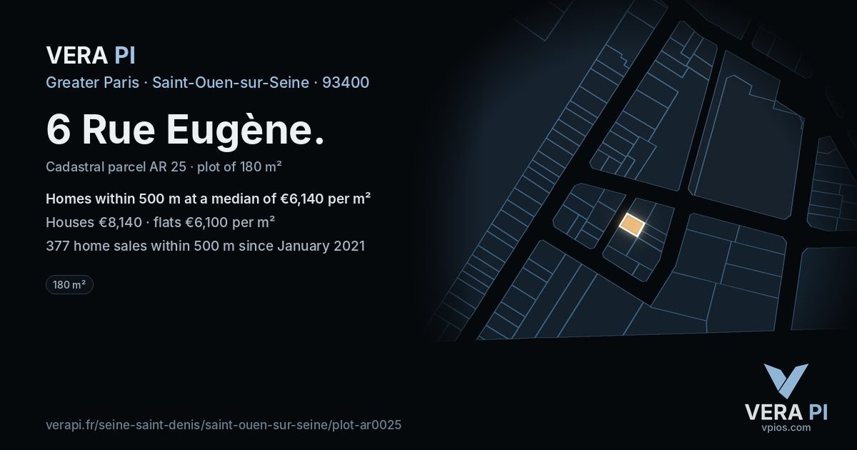 6 Rue Eugène, Saint-Ouen-sur-Seine at night – the plot lit, the parcels around coloured by the prices near them