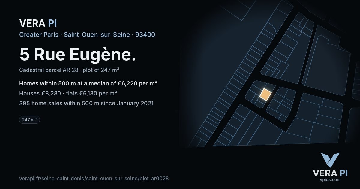 5 Rue Eugène, Saint-Ouen-sur-Seine at night – the plot lit, the parcels around coloured by the prices near them