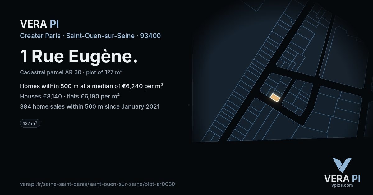 1 Rue Eugène, Saint-Ouen-sur-Seine at night – the plot lit, the parcels around coloured by the prices near them
