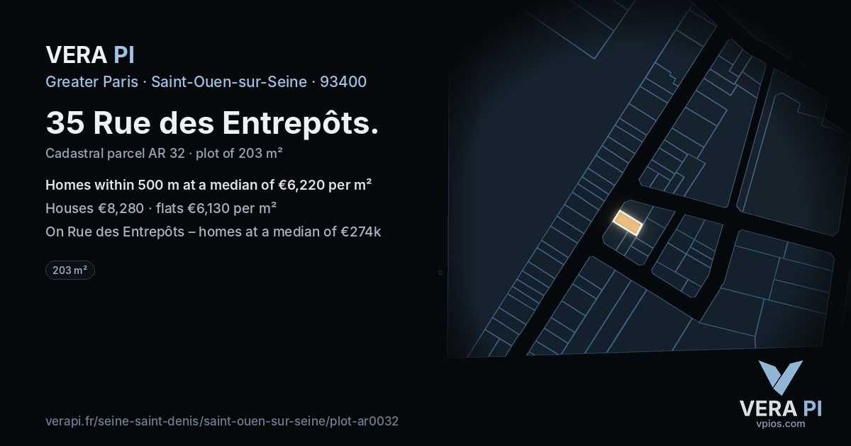 35 Rue des Entrepôts, Saint-Ouen-sur-Seine at night – the plot lit, the parcels around coloured by the prices near them