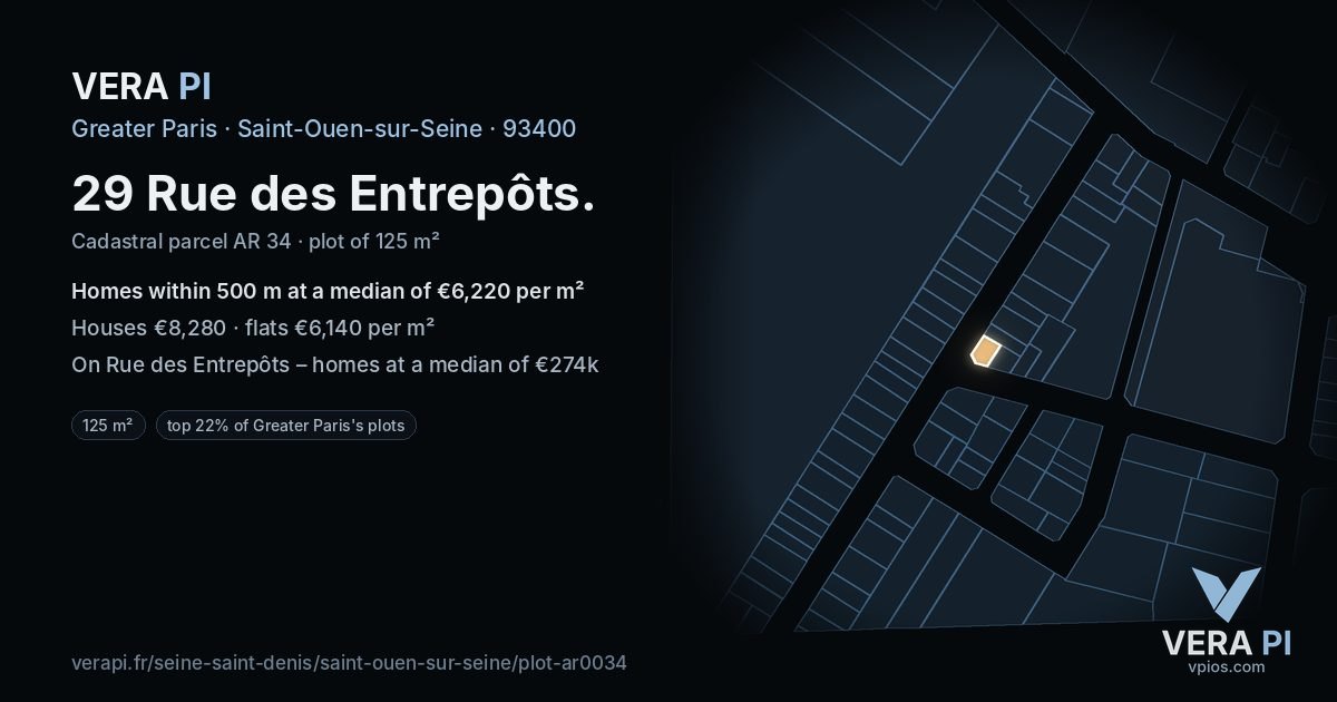 29 Rue des Entrepôts, Saint-Ouen-sur-Seine at night – the plot lit, the parcels around coloured by the prices near them