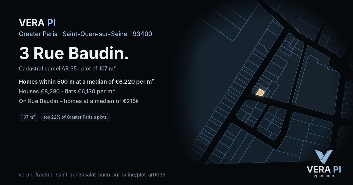 3 Rue Baudin, Saint-Ouen-sur-Seine at night – the plot lit, the parcels around coloured by the prices near them