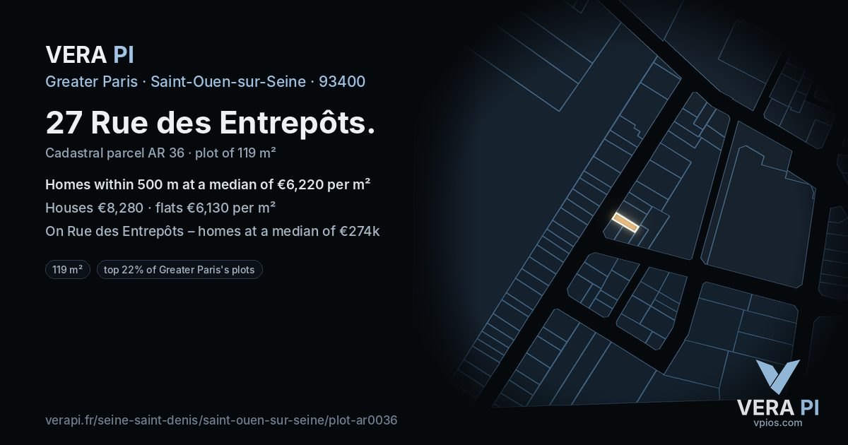 27 Rue des Entrepôts, Saint-Ouen-sur-Seine at night – the plot lit, the parcels around coloured by the prices near them