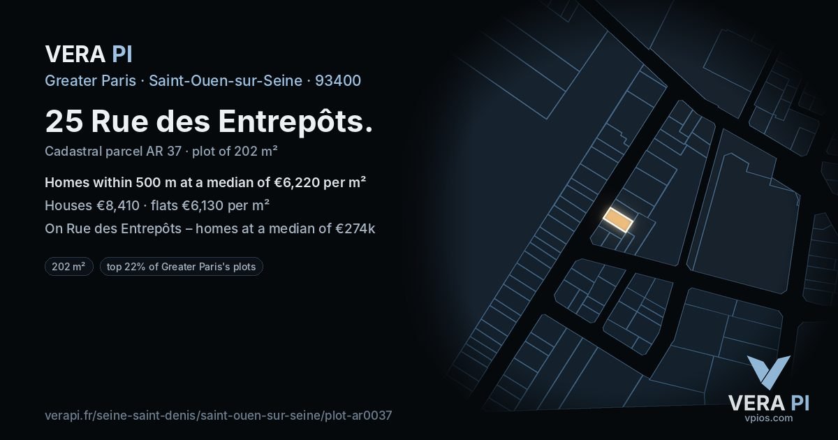25 Rue des Entrepôts, Saint-Ouen-sur-Seine at night – the plot lit, the parcels around coloured by the prices near them