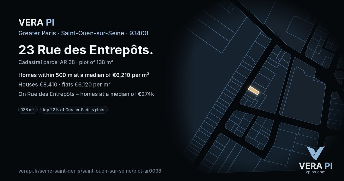 23 Rue des Entrepôts, Saint-Ouen-sur-Seine at night – the plot lit, the parcels around coloured by the prices near them