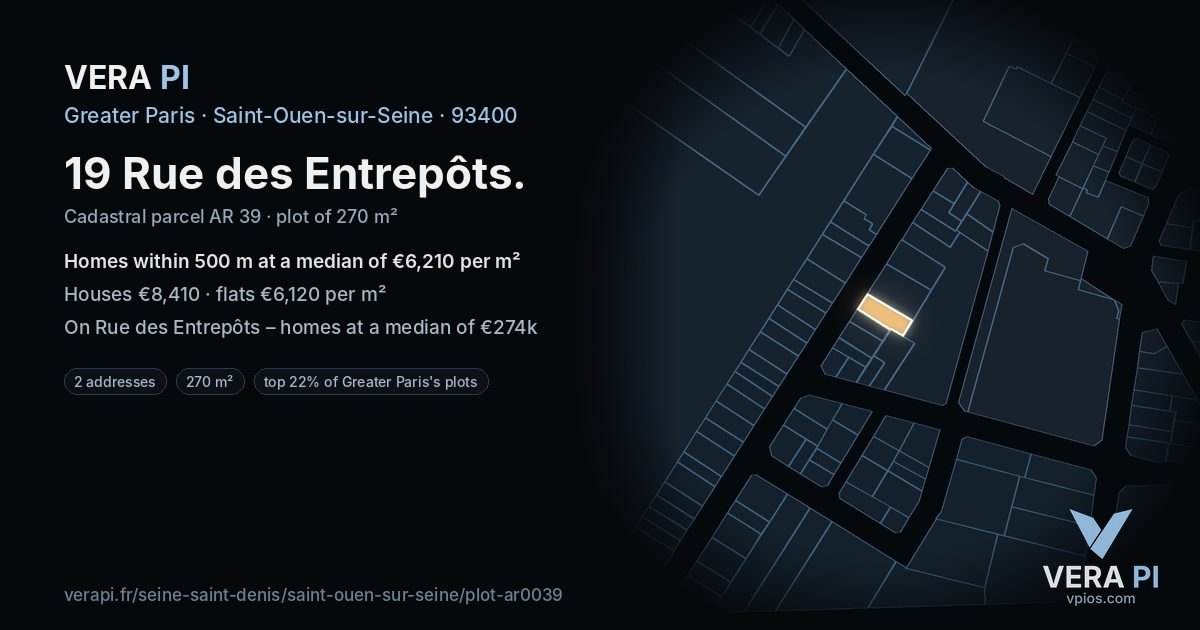 19 Rue des Entrepôts, Saint-Ouen-sur-Seine at night – the plot lit, the parcels around coloured by the prices near them
