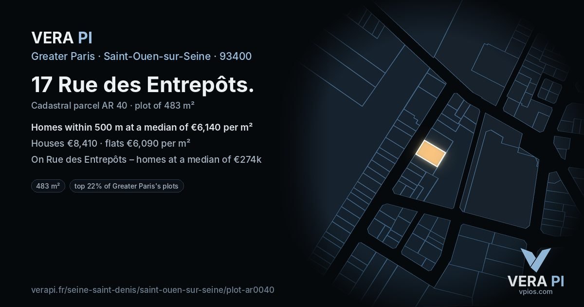 17 Rue des Entrepôts, Saint-Ouen-sur-Seine at night – the plot lit, the parcels around coloured by the prices near them