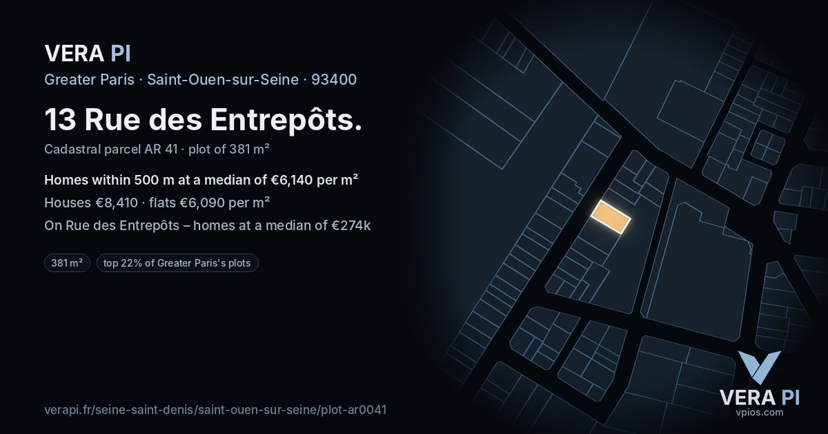 13 Rue des Entrepôts, Saint-Ouen-sur-Seine at night – the plot lit, the parcels around coloured by the prices near them