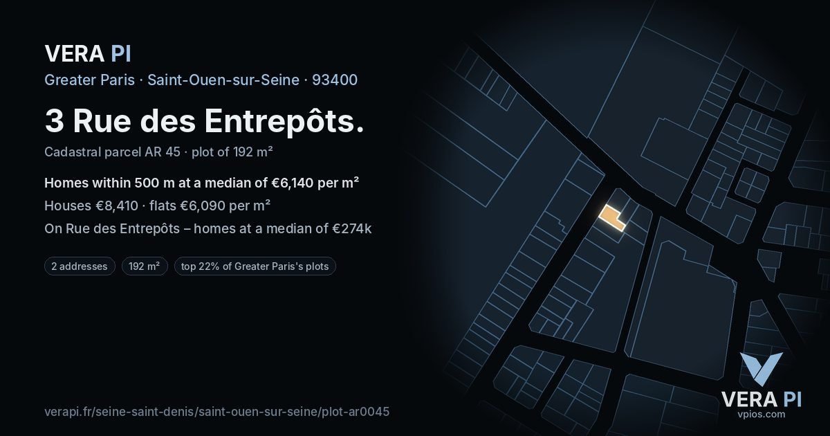 3 Rue des Entrepôts, Saint-Ouen-sur-Seine at night – the plot lit, the parcels around coloured by the prices near them