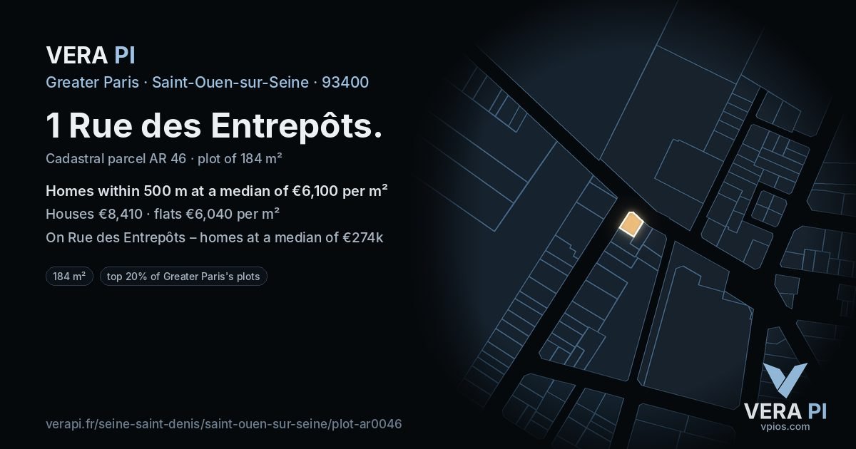 1 Rue des Entrepôts, Saint-Ouen-sur-Seine at night – the plot lit, the parcels around coloured by the prices near them