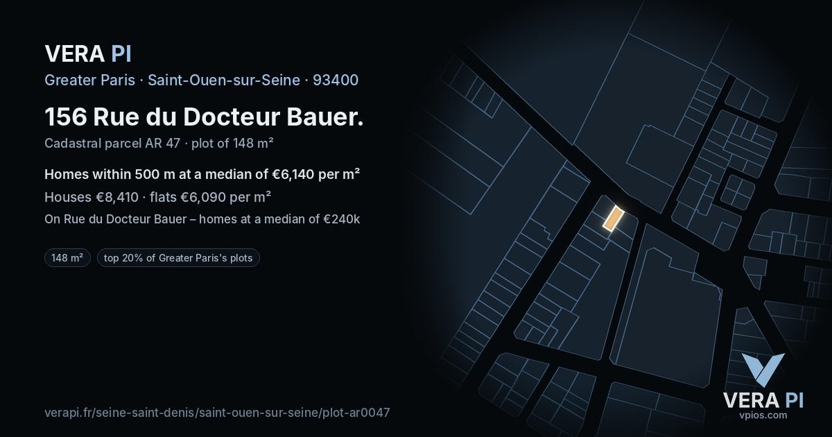 156 Rue du Docteur Bauer, Saint-Ouen-sur-Seine at night – the plot lit, the parcels around coloured by the prices near them