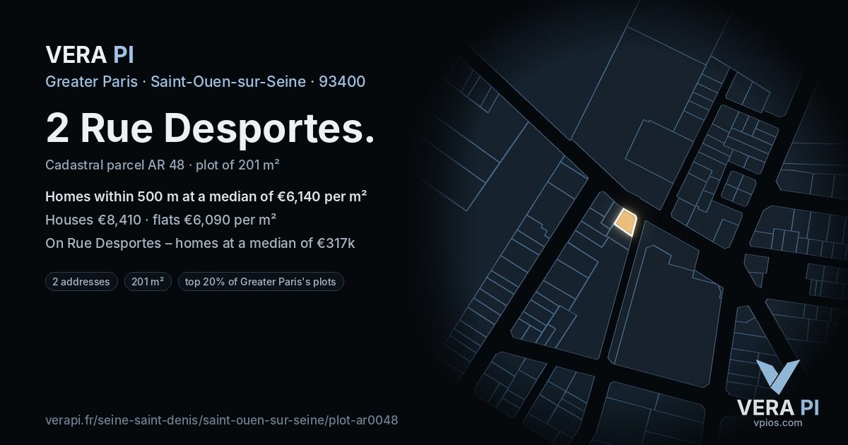 2 Rue Desportes, Saint-Ouen-sur-Seine at night – the plot lit, the parcels around coloured by the prices near them