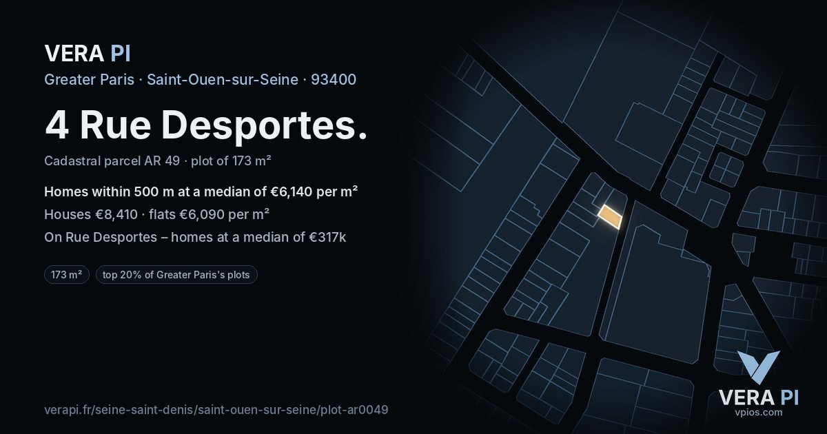 4 Rue Desportes, Saint-Ouen-sur-Seine at night – the plot lit, the parcels around coloured by the prices near them
