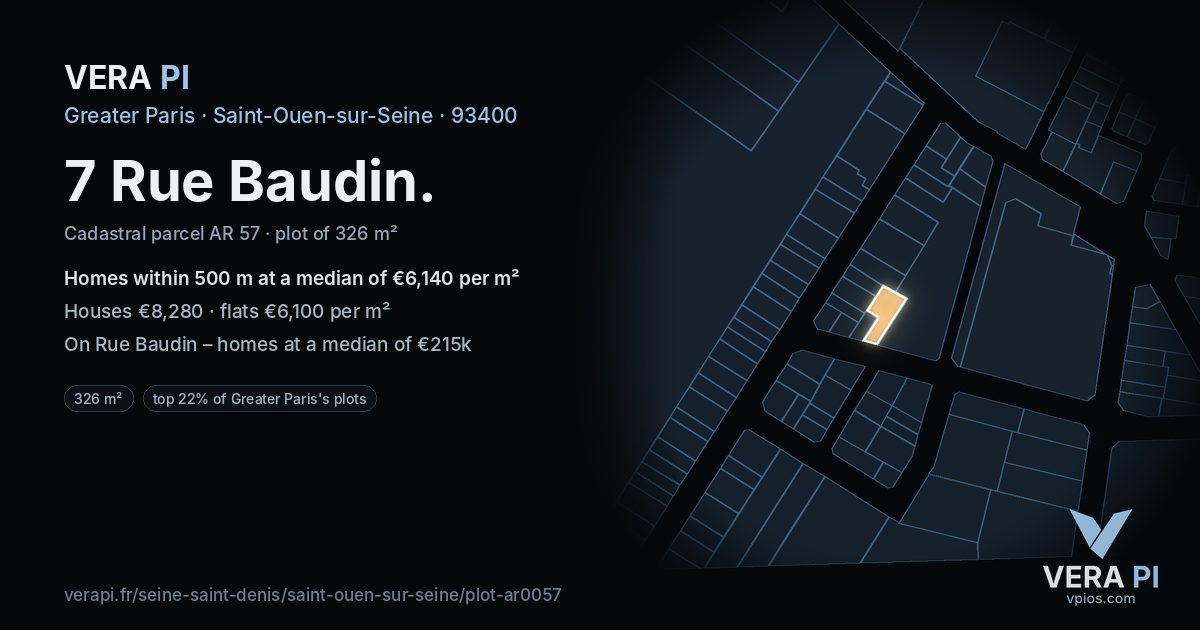 7 Rue Baudin, Saint-Ouen-sur-Seine at night – the plot lit, the parcels around coloured by the prices near them
