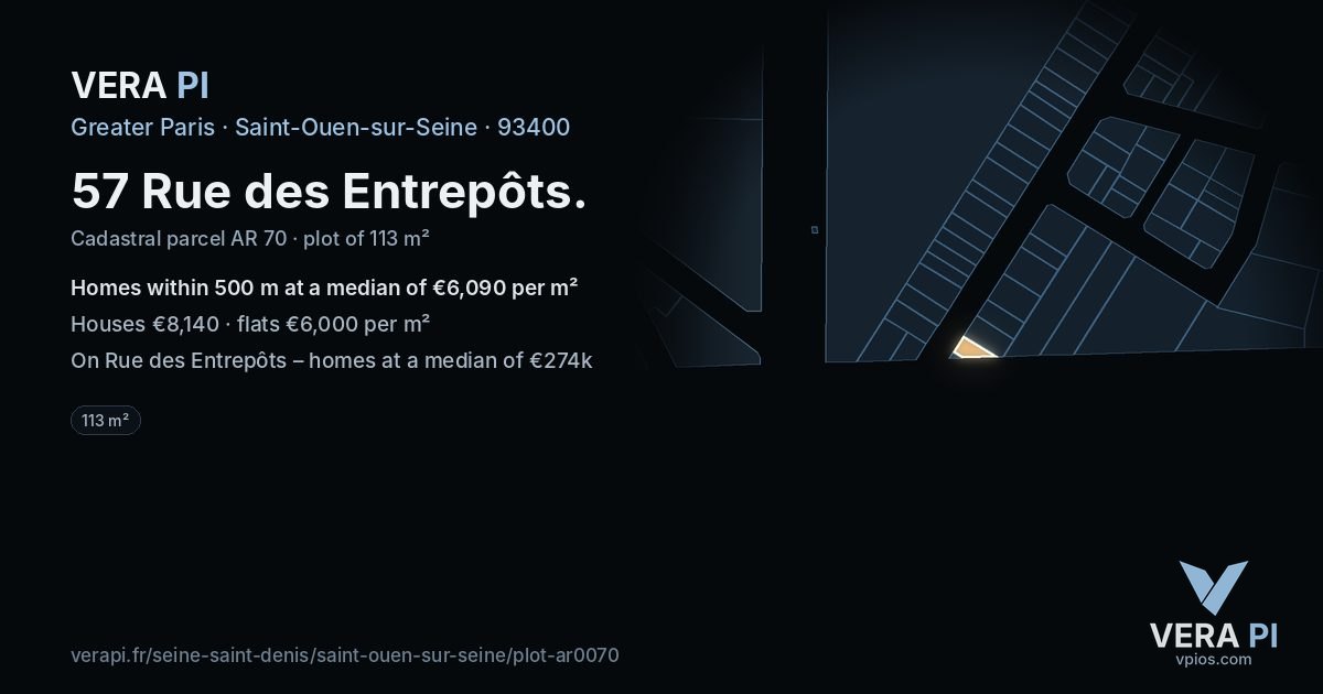 57 Rue des Entrepôts, Saint-Ouen-sur-Seine at night – the plot lit, the parcels around coloured by the prices near them