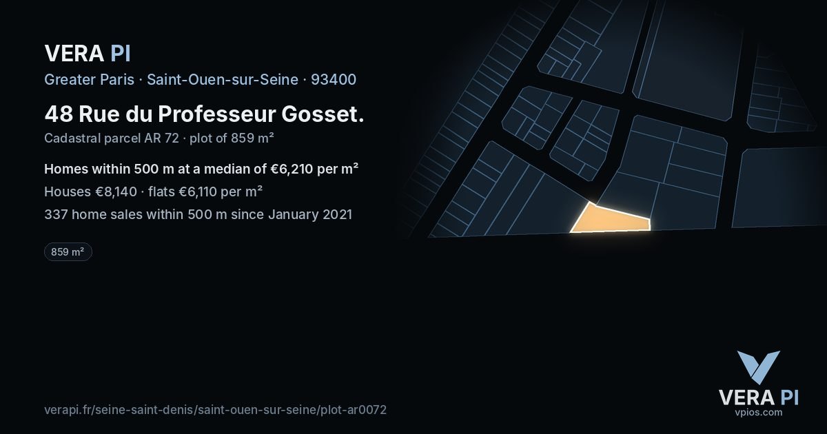 48 Rue du Professeur Gosset, Saint-Ouen-sur-Seine at night – the plot lit, the parcels around coloured by the prices near them
