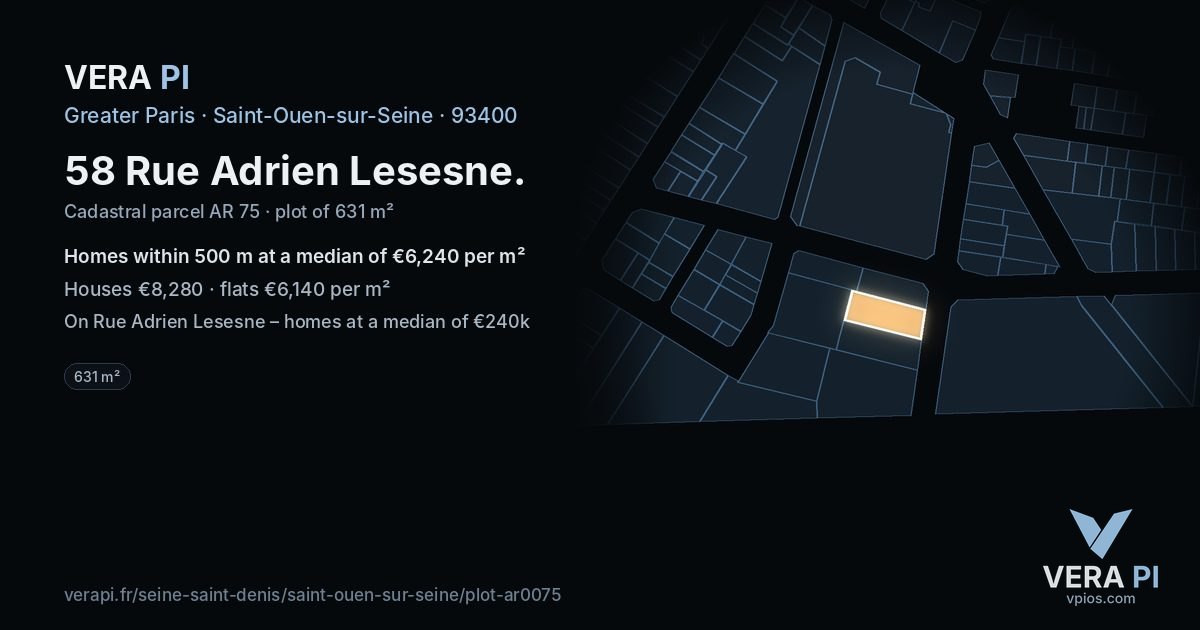 58 Rue Adrien Lesesne, Saint-Ouen-sur-Seine at night – the plot lit, the parcels around coloured by the prices near them