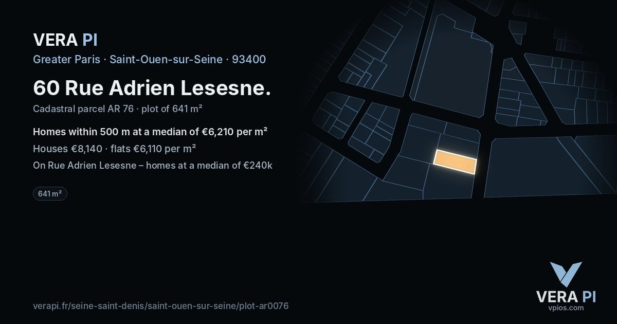 60 Rue Adrien Lesesne, Saint-Ouen-sur-Seine at night – the plot lit, the parcels around coloured by the prices near them