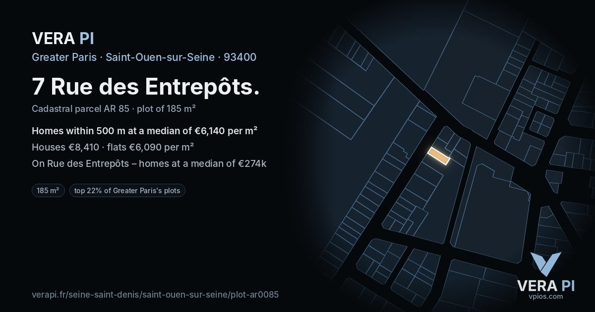 7 Rue des Entrepôts, Saint-Ouen-sur-Seine at night – the plot lit, the parcels around coloured by the prices near them