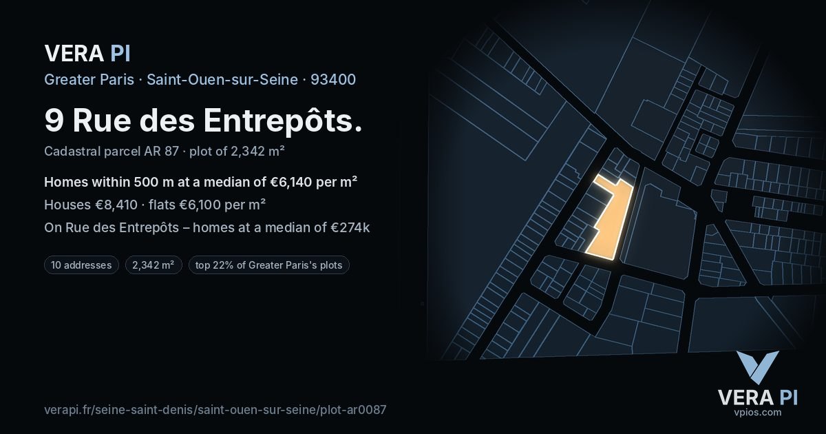 9 Rue des Entrepôts, Saint-Ouen-sur-Seine at night – the plot lit, the parcels around coloured by the prices near them
