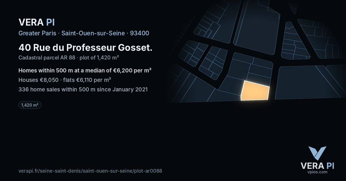 40 Rue du Professeur Gosset, Saint-Ouen-sur-Seine at night – the plot lit, the parcels around coloured by the prices near them