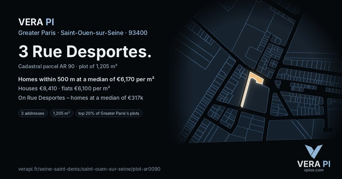 3 Rue Desportes, Saint-Ouen-sur-Seine at night – the plot lit, the parcels around coloured by the prices near them