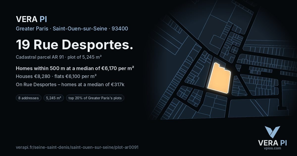 19 Rue Desportes, Saint-Ouen-sur-Seine at night – the plot lit, the parcels around coloured by the prices near them