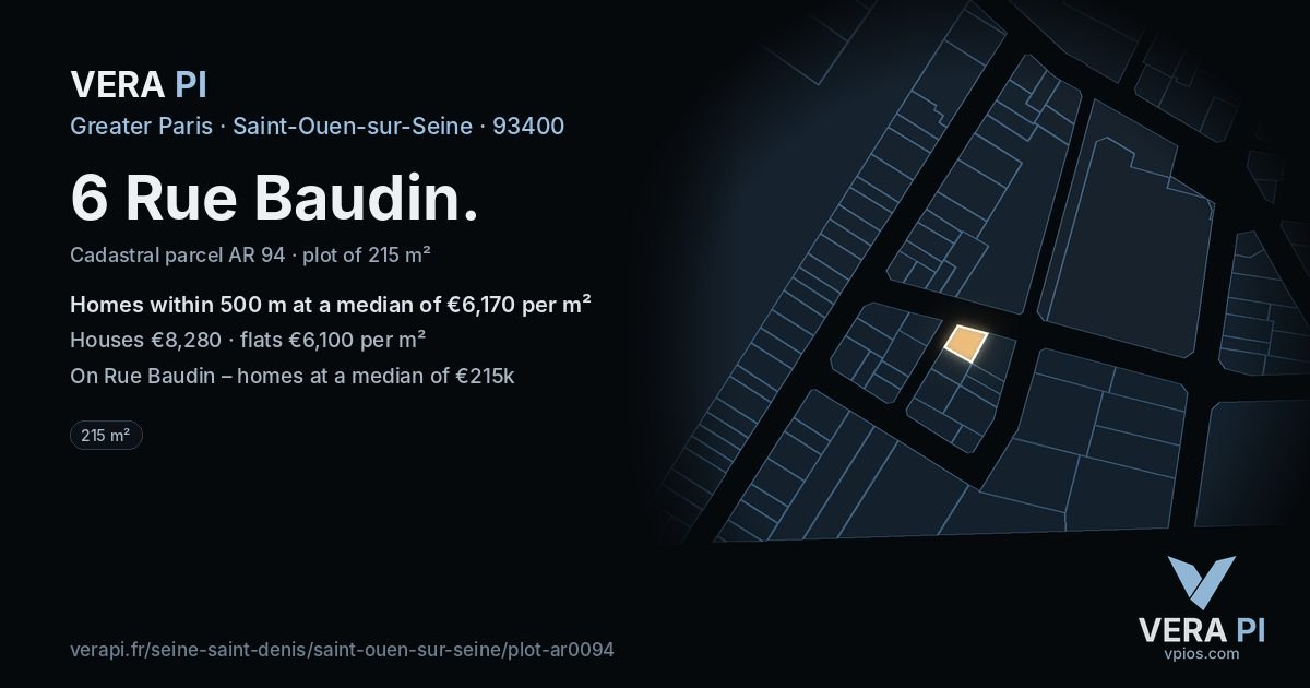 6 Rue Baudin, Saint-Ouen-sur-Seine at night – the plot lit, the parcels around coloured by the prices near them